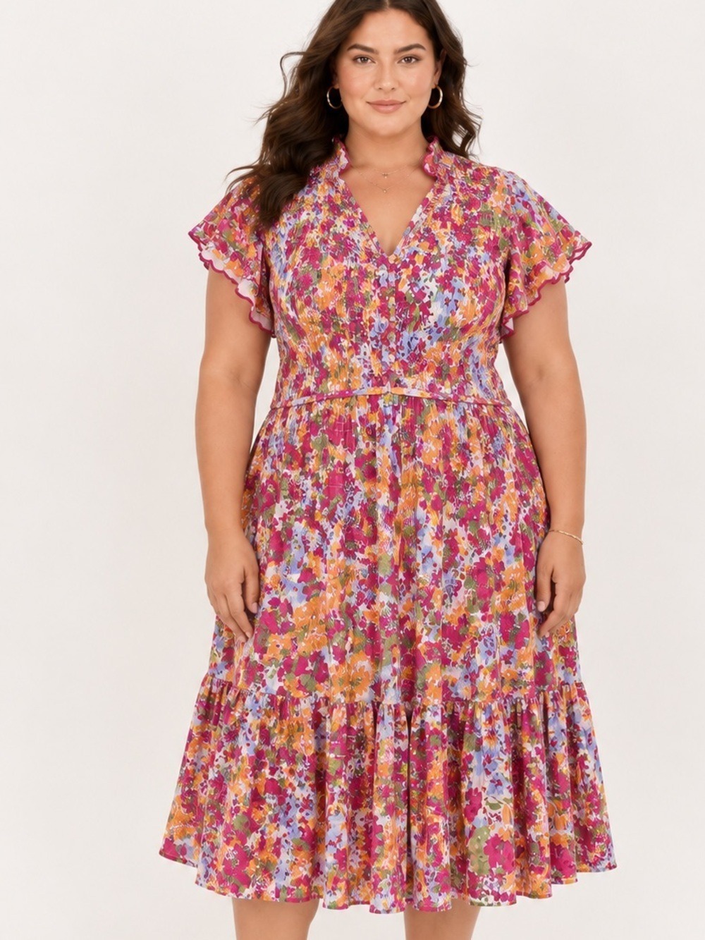 Chic Soul Floral Smocked Flutter Sleeve Midi Dress Large Cotton 1 X